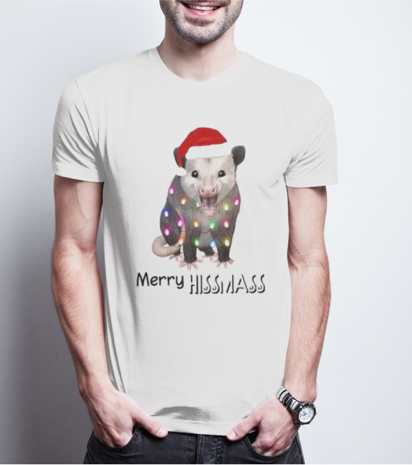 Merry Hissmas Opossum Santa Hat Christmas Lights T-Shirt