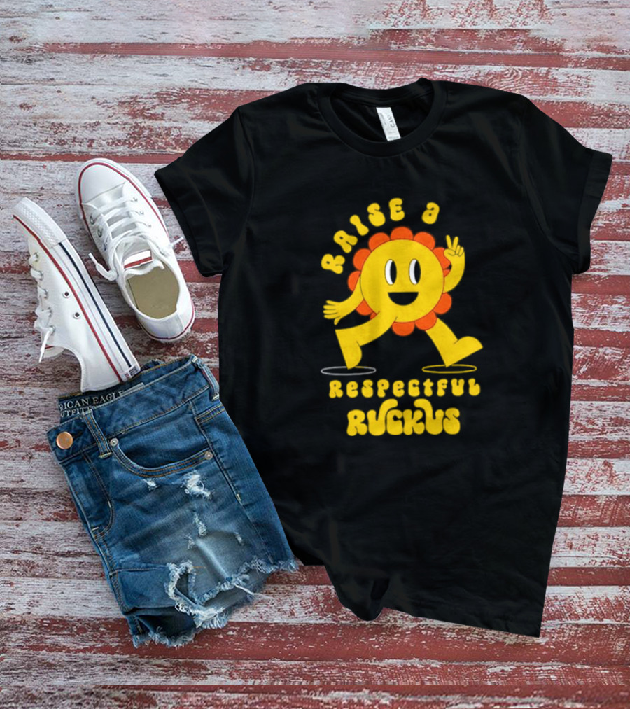RAISE A RESPECTFUL RUCKUS CHARACTER WALKING WITH PEACE SIGN YELLOW AND ORANGE T-Shirt