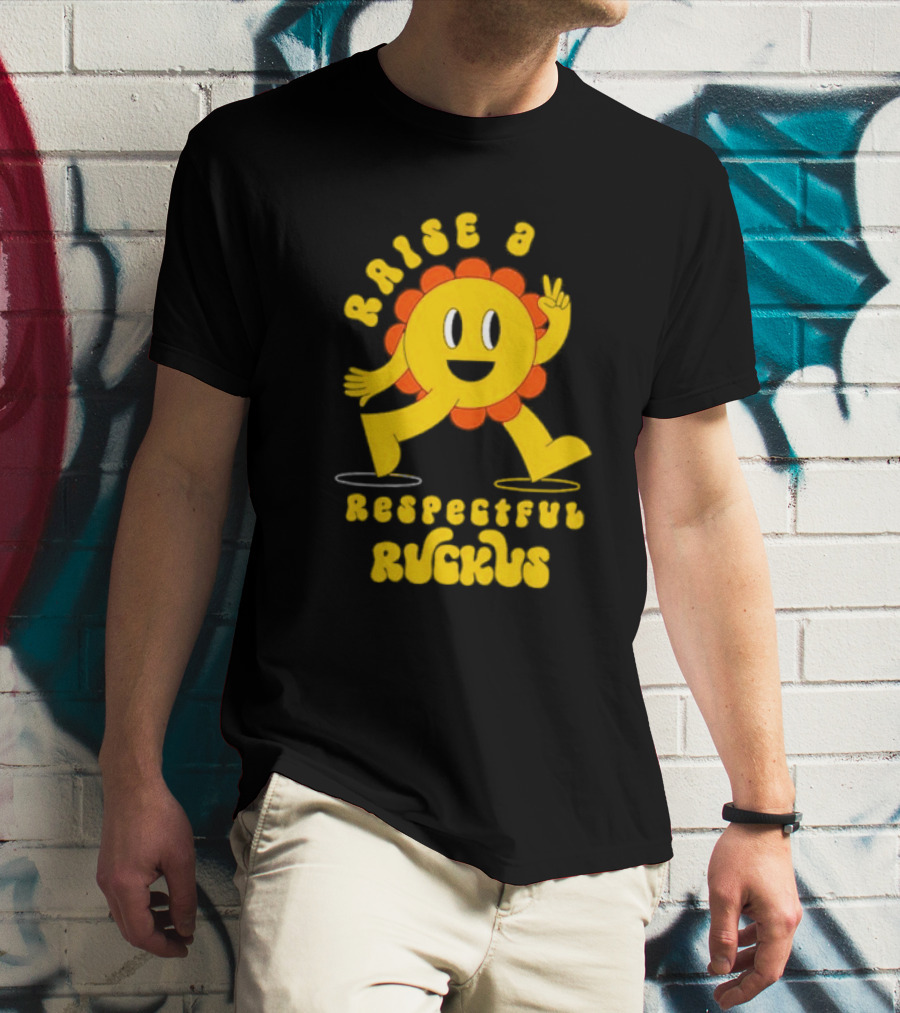 RAISE A RESPECTFUL RUCKUS CHARACTER WALKING WITH PEACE SIGN YELLOW AND ORANGE T-Shirt