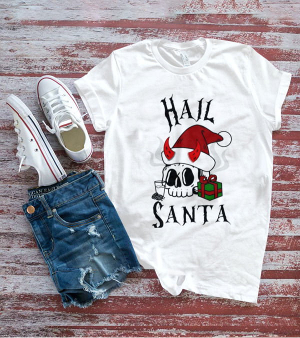 Hail Santa Skull With Devilish Santa Hat And Christmas Present T-Shirt