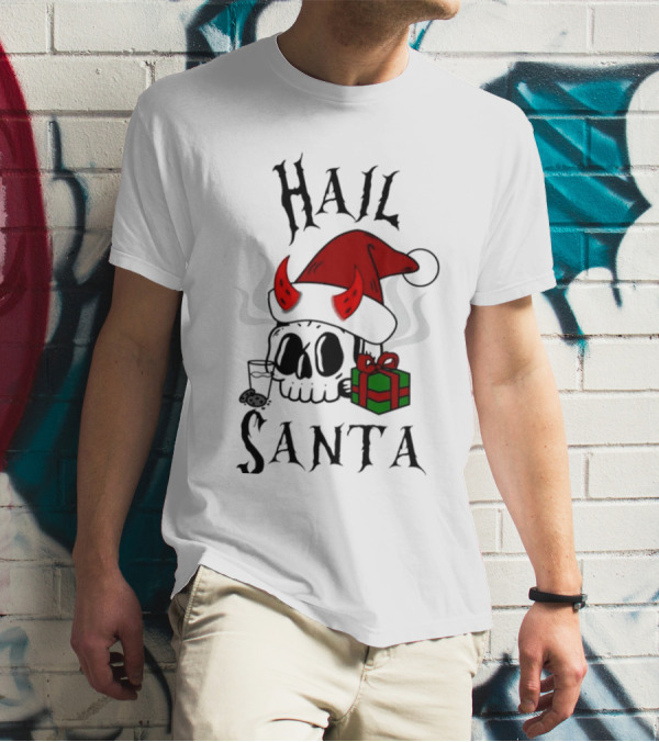 Hail Santa Skull With Devilish Santa Hat And Christmas Present T-Shirt