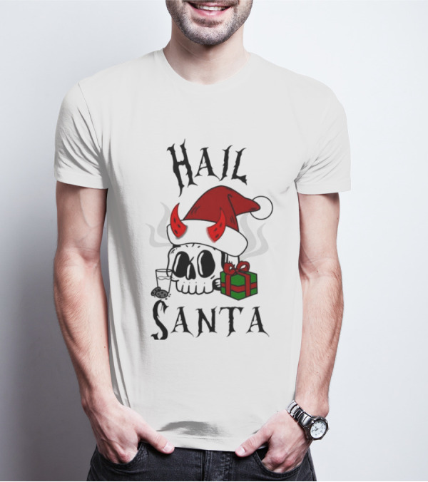 Hail Santa Skull With Devilish Santa Hat And Christmas Present T-Shirt