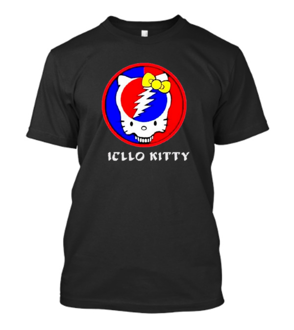 Hello Kitty Grateful Dead Skull Icon With Lightning Bolt And Yellow Bow T-Shirt