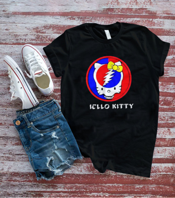 Hello Kitty Grateful Dead Skull Icon With Lightning Bolt And Yellow Bow T-Shirt