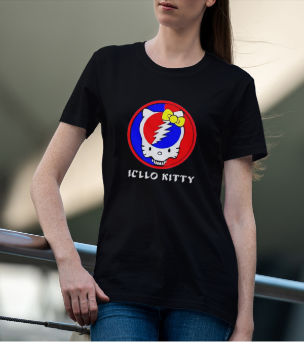 Hello Kitty Grateful Dead Skull Icon With Lightning Bolt And Yellow Bow T-Shirt