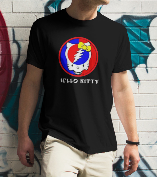 Hello Kitty Grateful Dead Skull Icon With Lightning Bolt And Yellow Bow T-Shirt
