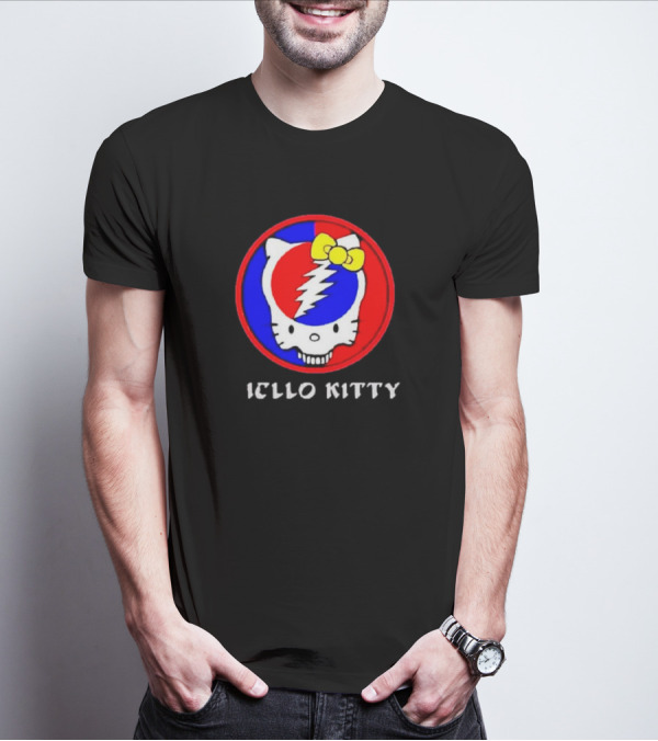 Hello Kitty Grateful Dead Skull Icon With Lightning Bolt And Yellow Bow T-Shirt