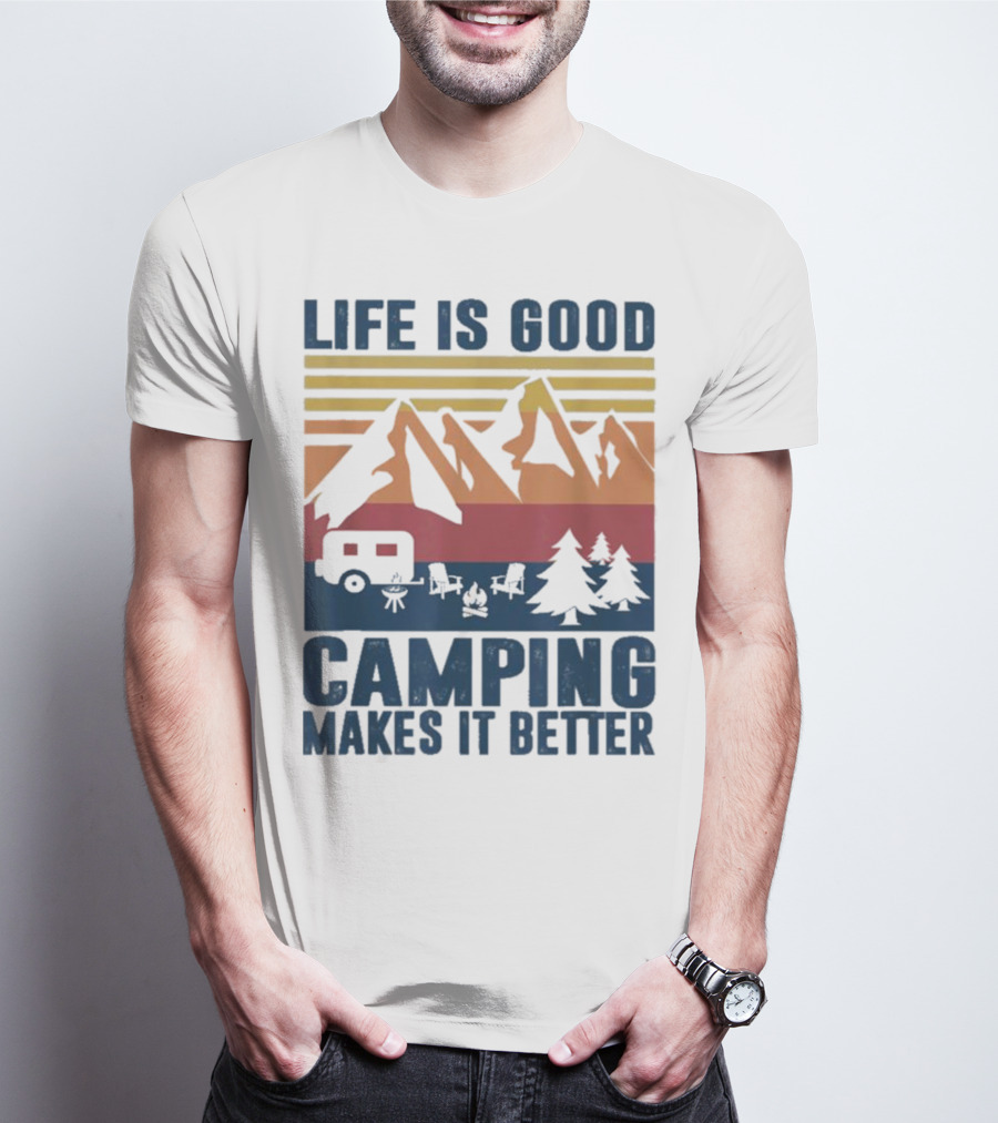 Life Is Good Camping Makes It Better Vintage Mountains Camper Landscape T-Shirt