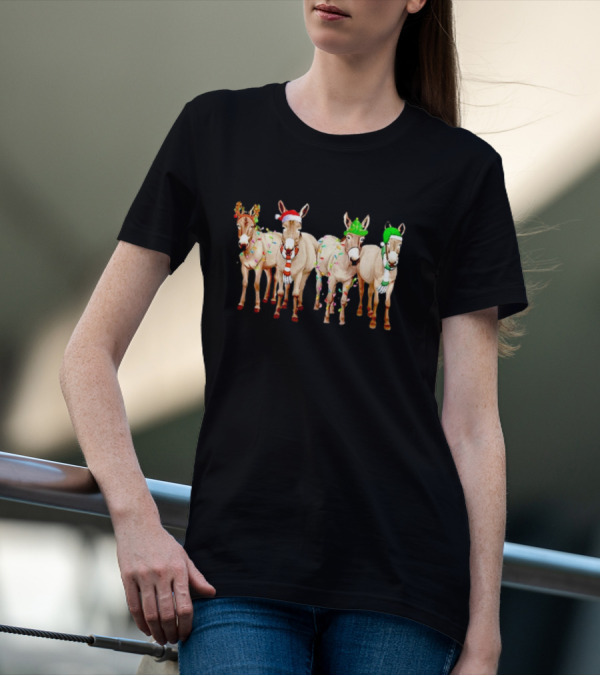Merry Christmas Donkey Festive Holiday Lights With Reindeer Antlers And Santa Hats T-Shirt