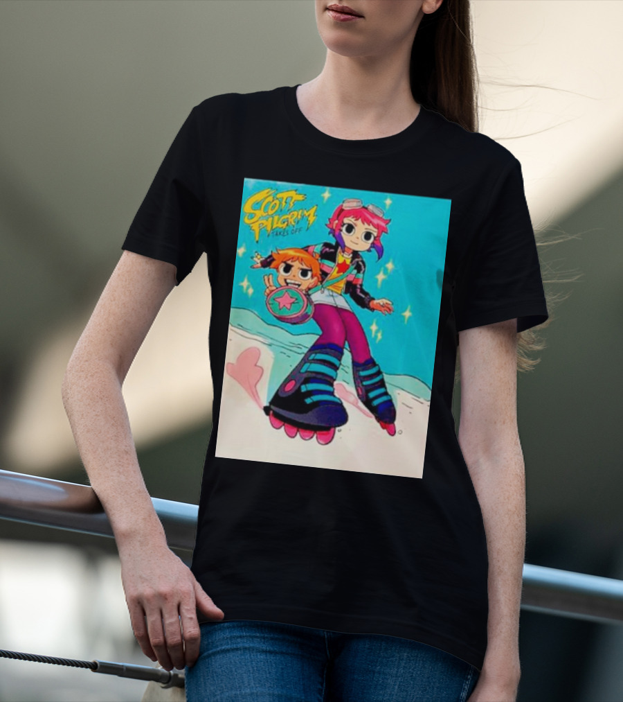 Scott Pilgrim Takes Off Roller Skating Adventure With Animated Style Characters T-Shirt
