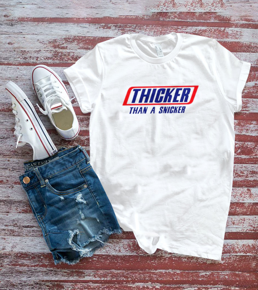 THICKER THAN A SNICKER Red And Blue Bold Diagonal Text T-Shirt