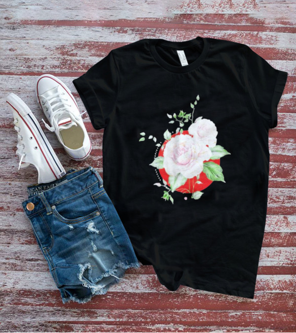 5Yr Kintsugi Rose Floral Design On Red Circle Background T-Shirt