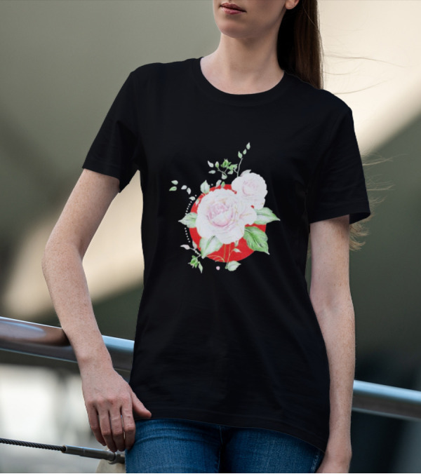 5Yr Kintsugi Rose Floral Design On Red Circle Background T-Shirt