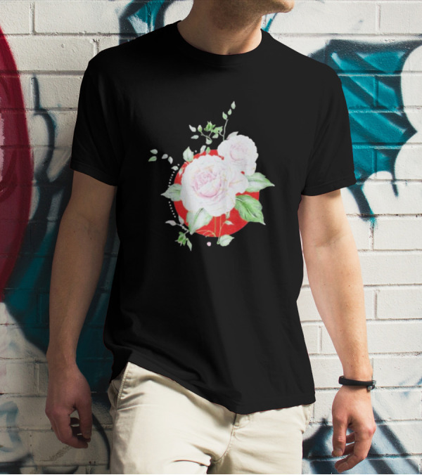 5Yr Kintsugi Rose Floral Design On Red Circle Background T-Shirt