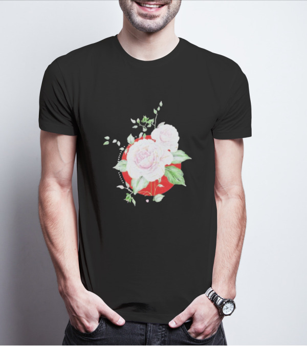 5Yr Kintsugi Rose Floral Design On Red Circle Background T-Shirt