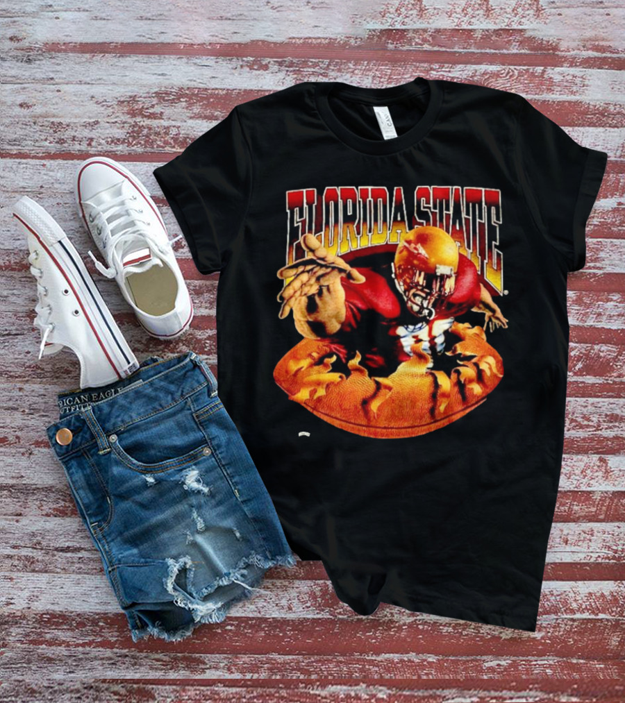 Florida State Seminoles FSU Football Player Emerging From Flames Two Sided Nutmeg T-Shirt