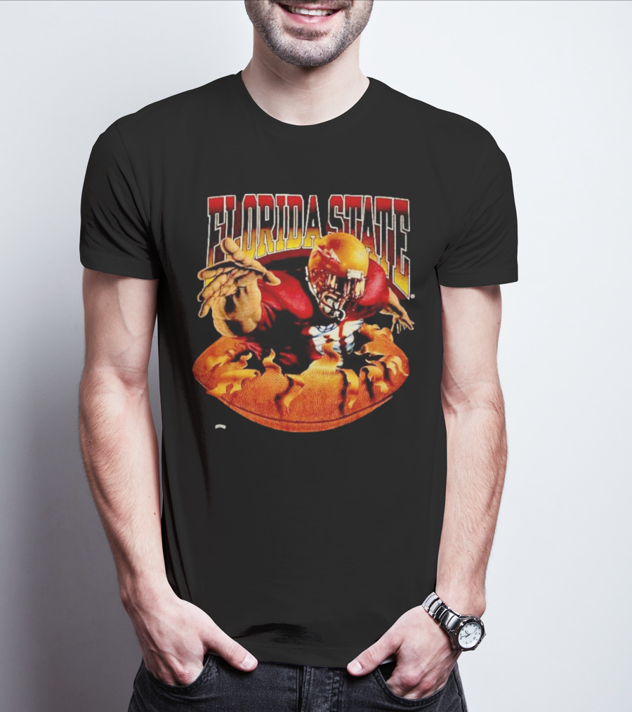 Florida State Seminoles FSU Football Player Emerging From Flames Two Sided Nutmeg T-Shirt