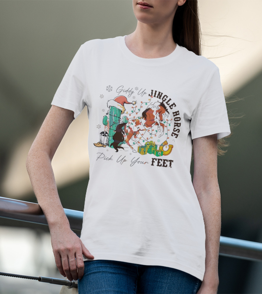 Giddy Up Jingle Horse Pick Up Your Feet Cactus With Santa Hat And Gifts T-Shirt