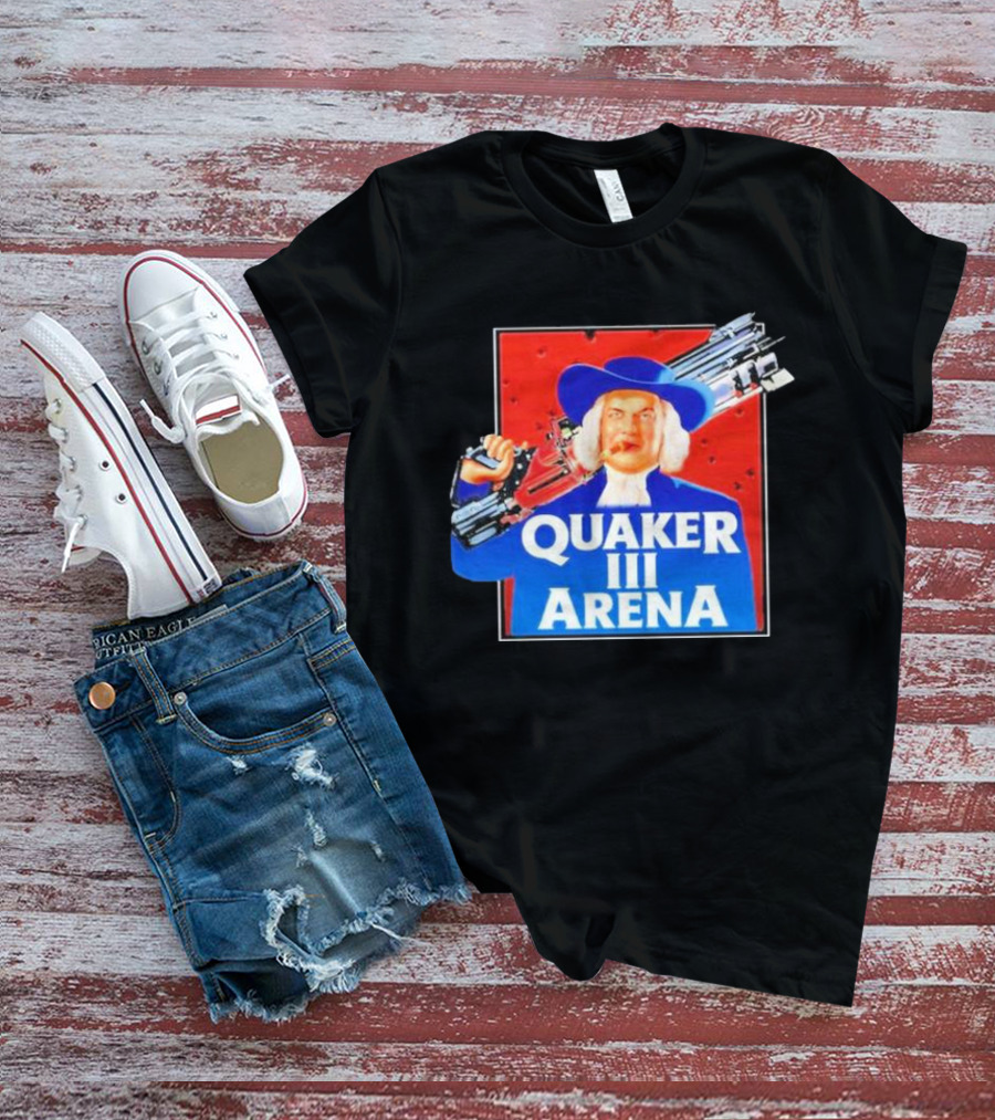 Quaker III Arena Parody Poster With Character In Blue Hat And Railgun T-Shirt