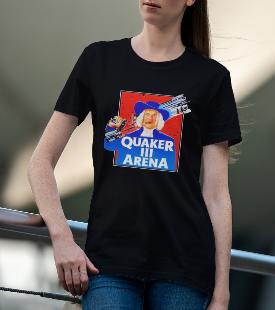 Quaker III Arena Parody Poster With Character In Blue Hat And Railgun T-Shirt
