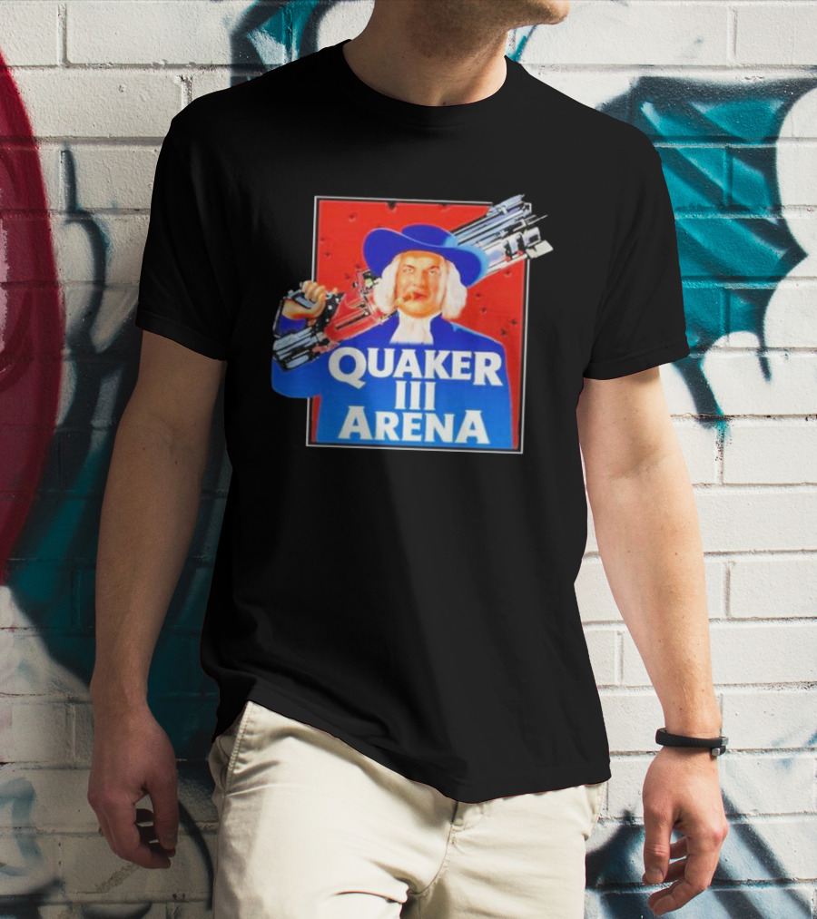 Quaker III Arena Parody Poster With Character In Blue Hat And Railgun T-Shirt