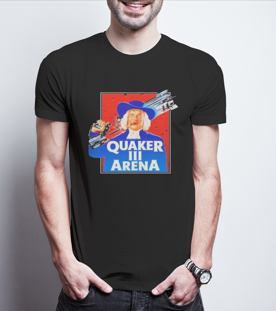 Quaker III Arena Parody Poster With Character In Blue Hat And Railgun T-Shirt