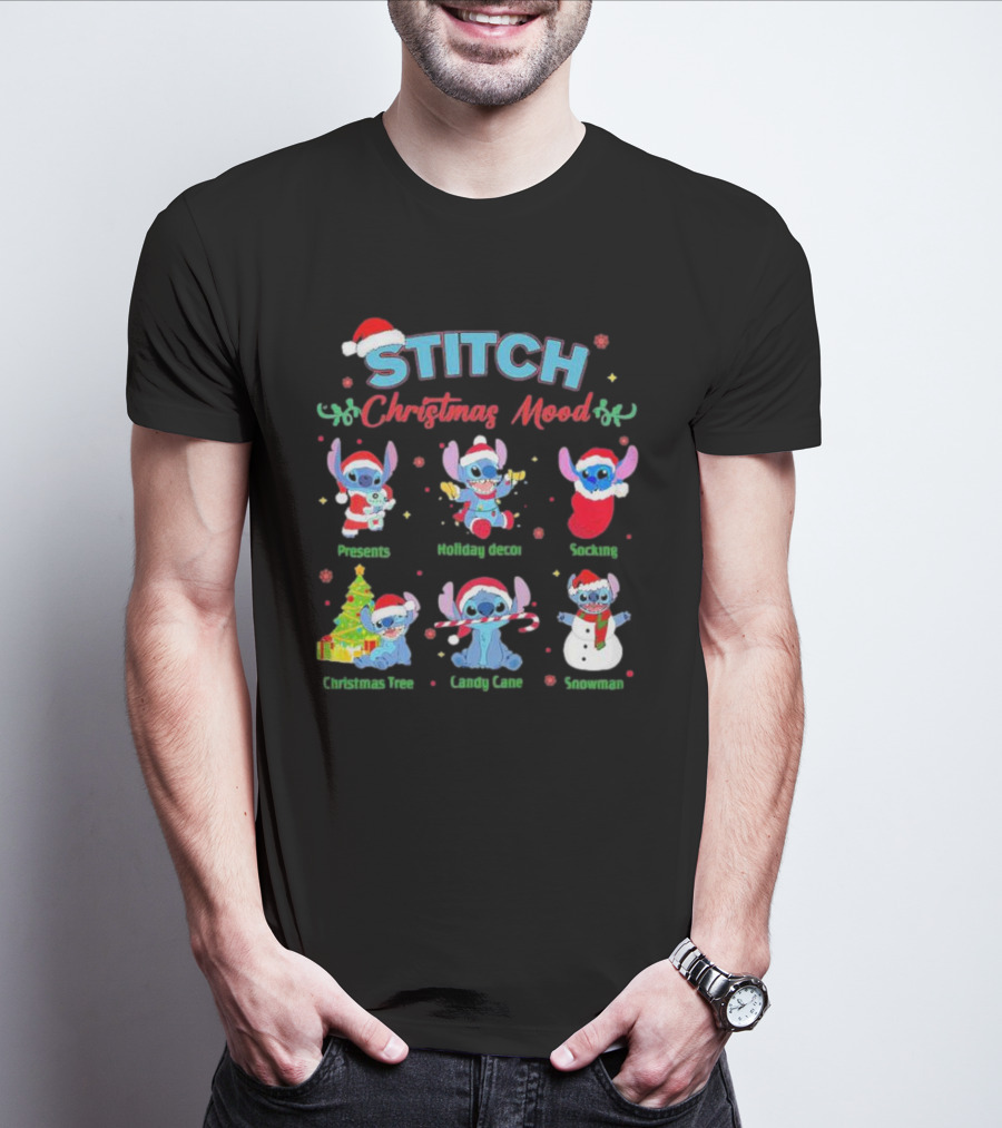 STITCH Christmas Mood Presents Holiday Decor Stocking Christmas Tree Candy Cane Snowman T-Shirt