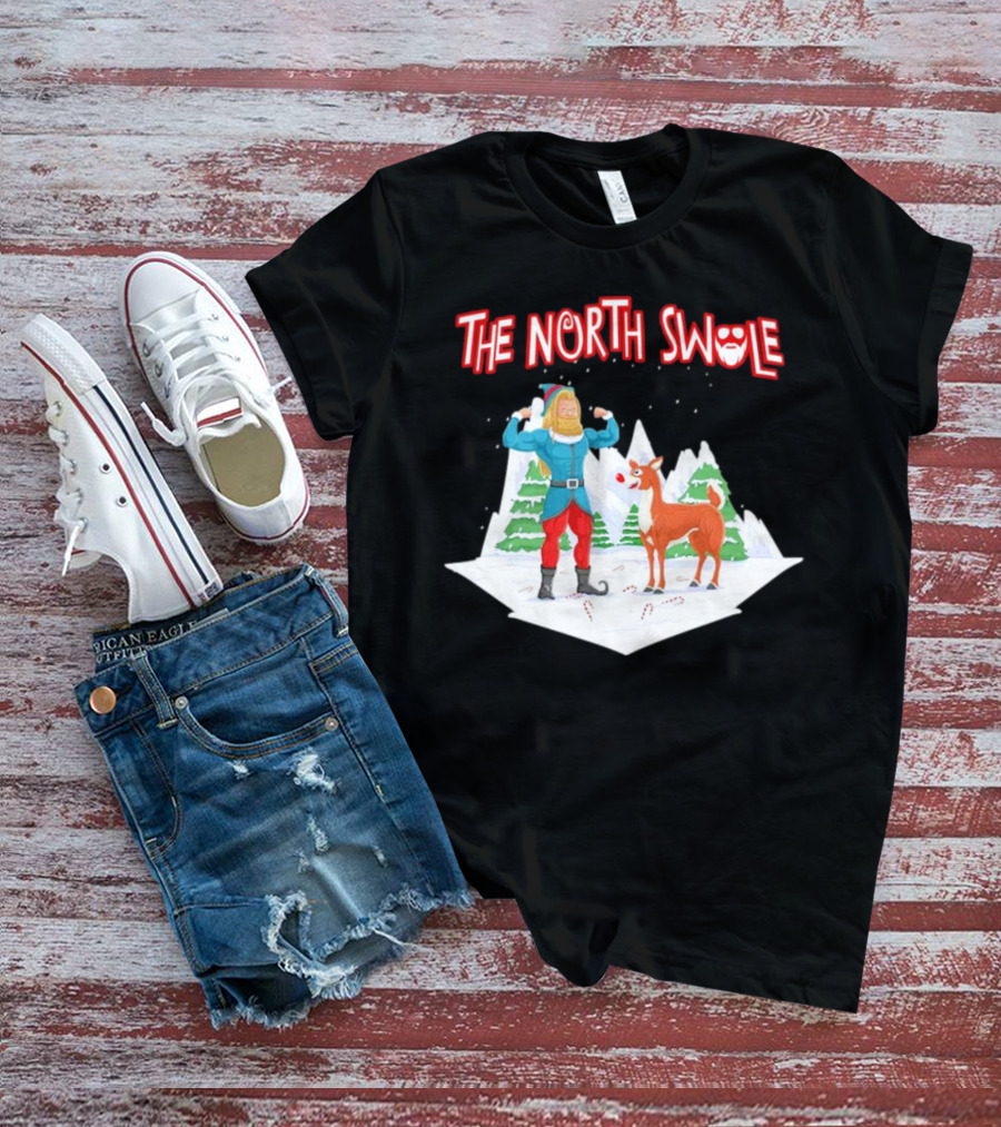 Papa Swolio Elf With Reindeer In The North Swole Winter Scene T-Shirt