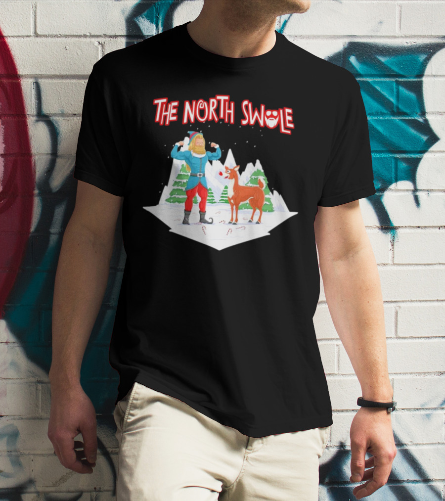 Papa Swolio Elf With Reindeer In The North Swole Winter Scene T-Shirt