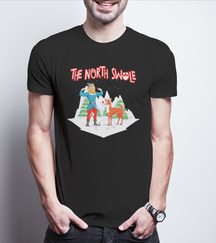 Papa Swolio Elf With Reindeer In The North Swole Winter Scene T-Shirt