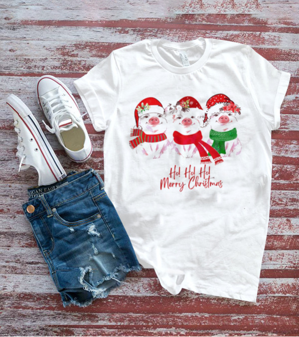Ho Ho Ho Merry Christmas Pig Trio Santa Hat T-Shirt