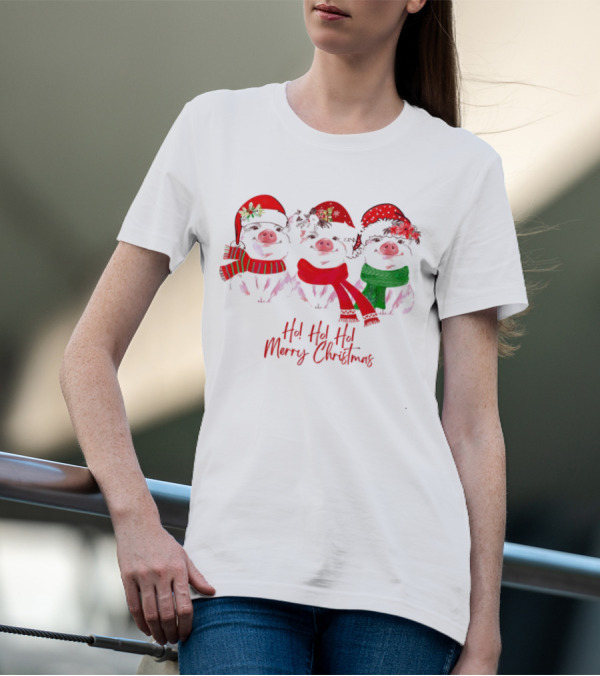 Ho Ho Ho Merry Christmas Pig Trio Santa Hat T-Shirt
