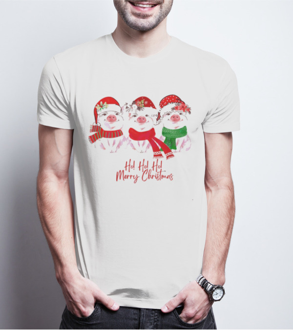 Ho Ho Ho Merry Christmas Pig Trio Santa Hat T-Shirt