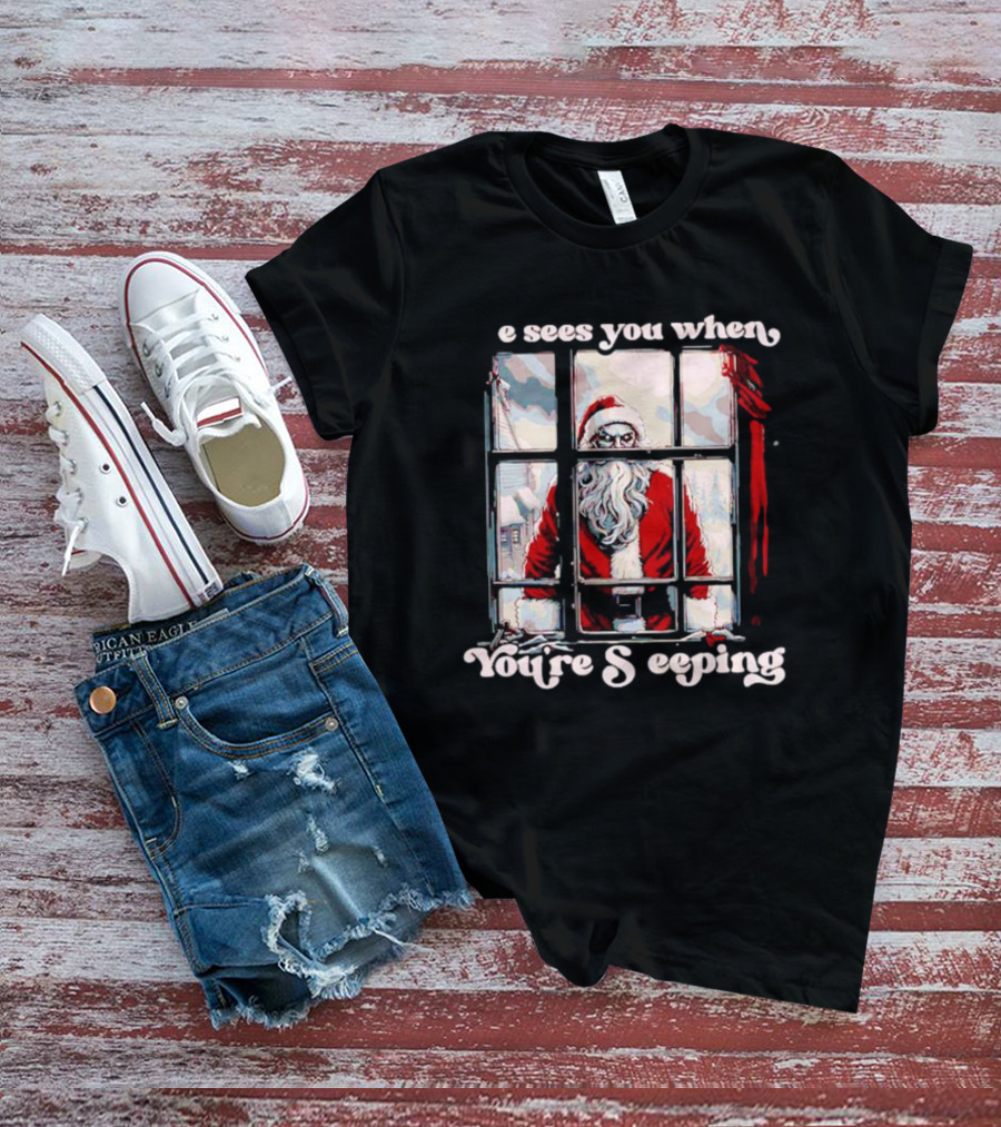 He Sees You When You're Sleeping Santa Horror Window Scene T-Shirt
