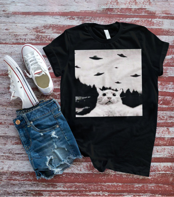 Cat Taking A Selfie UFOs Black And White Forest Background T-Shirt