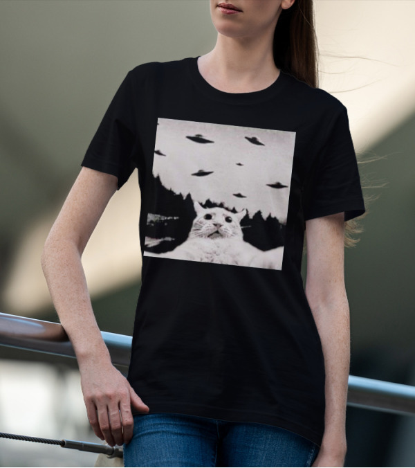 Cat Taking A Selfie UFOs Black And White Forest Background T-Shirt
