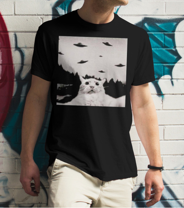 Cat Taking A Selfie UFOs Black And White Forest Background T-Shirt