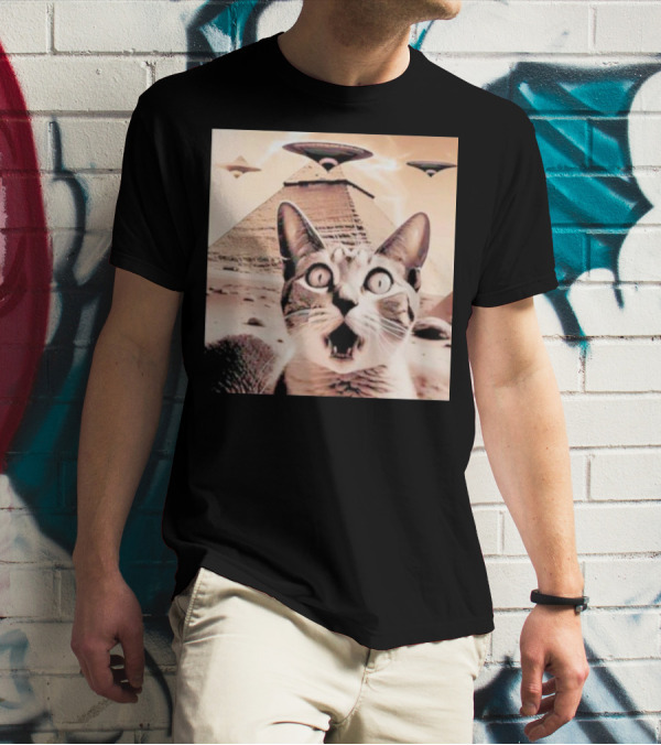 Funny Cat UFO Encounter At Egypt Pyramids T-Shirt
