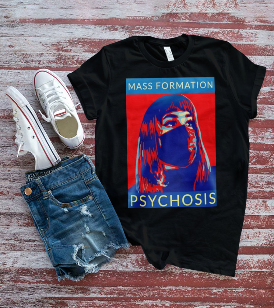 MASS FORMATION PSYCHOSIS Masked Portrait In Red And Blue T-Shirt