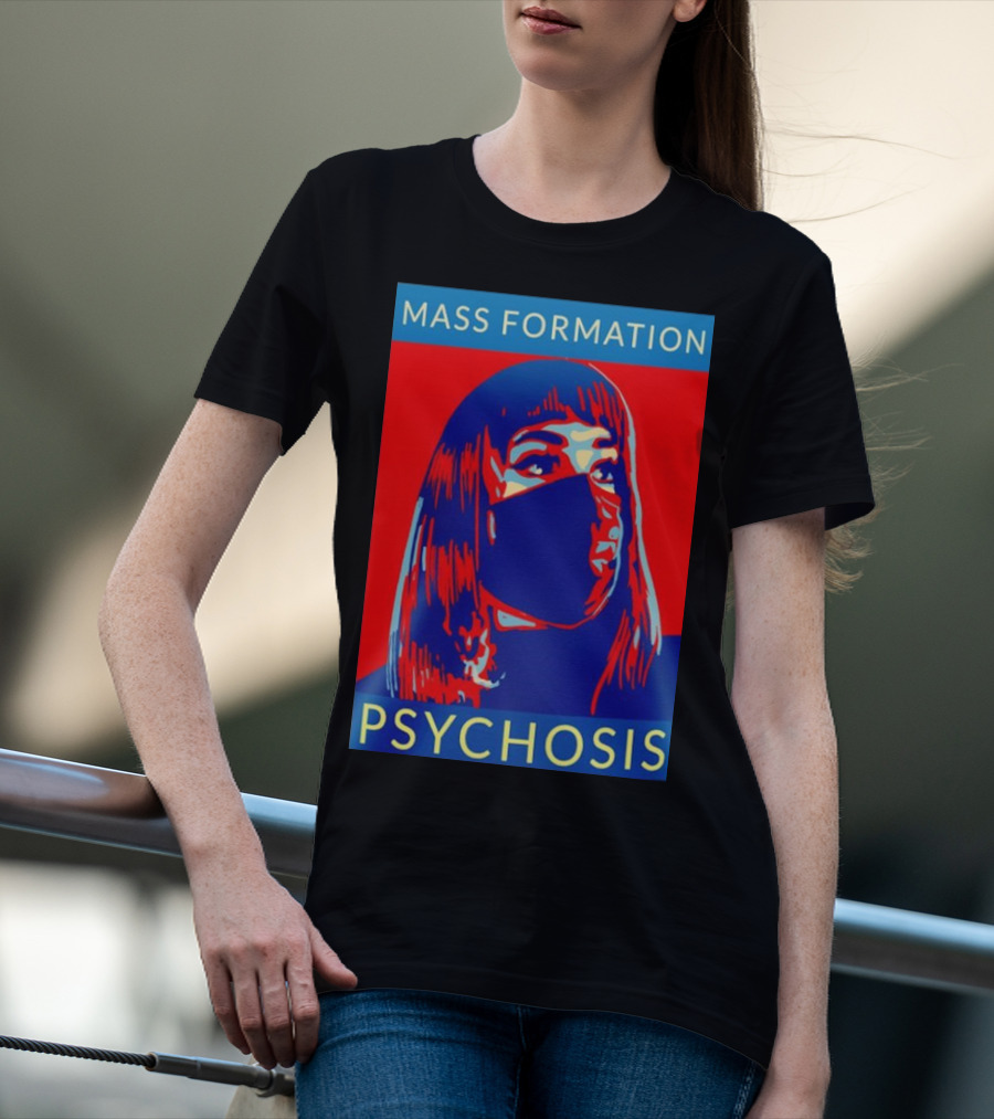 MASS FORMATION PSYCHOSIS Masked Portrait In Red And Blue T-Shirt