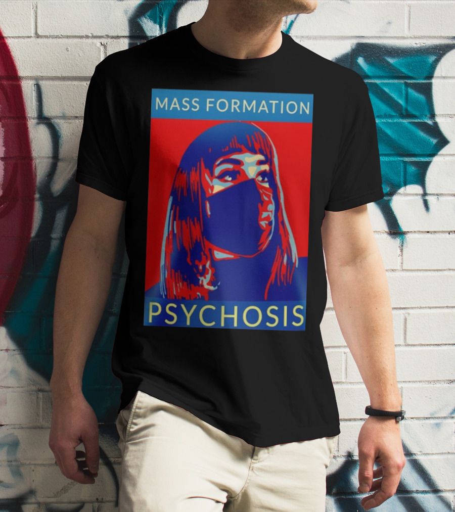MASS FORMATION PSYCHOSIS Masked Portrait In Red And Blue T-Shirt