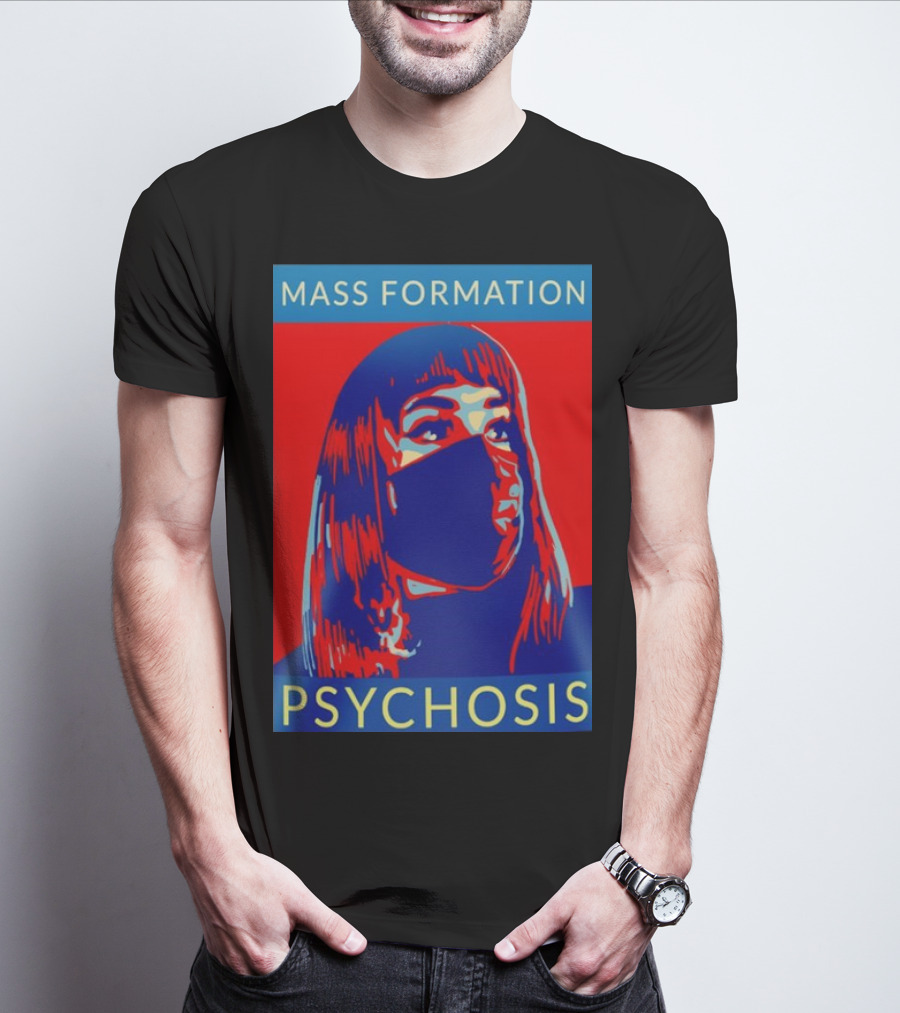 MASS FORMATION PSYCHOSIS Masked Portrait In Red And Blue T-Shirt