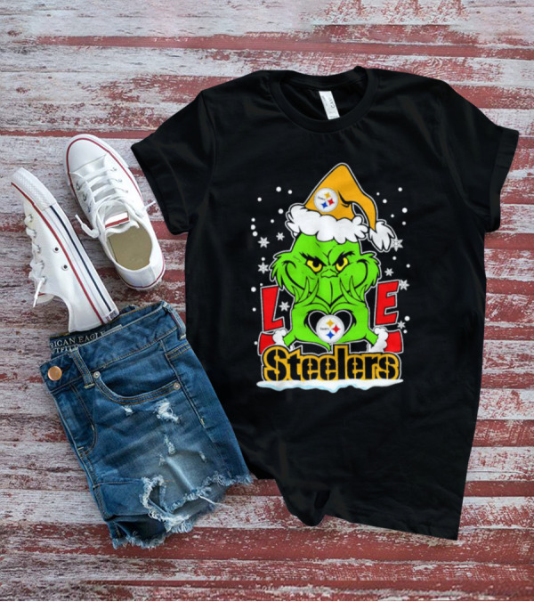 The Grinch Santa Hat Love Pittsburgh Steelers Logo Snowflakes T-Shirt