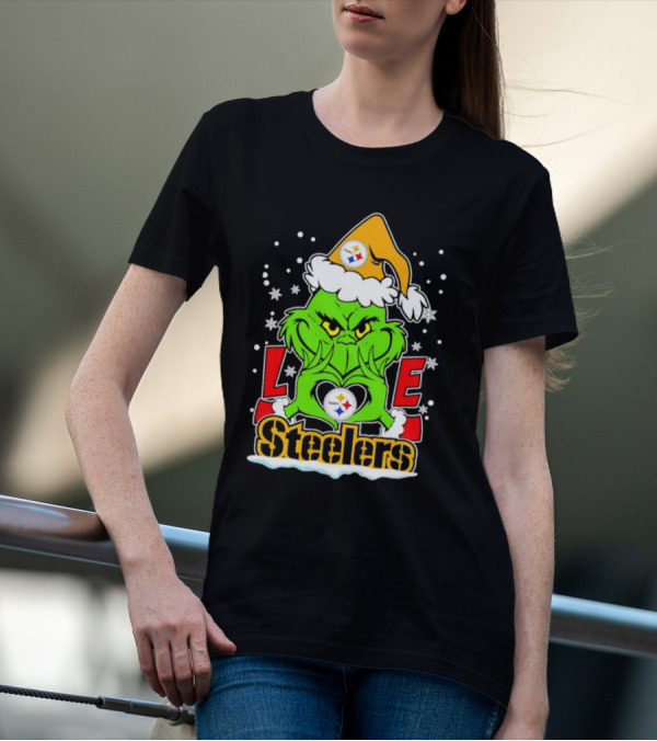 The Grinch Santa Hat Love Pittsburgh Steelers Logo Snowflakes T-Shirt