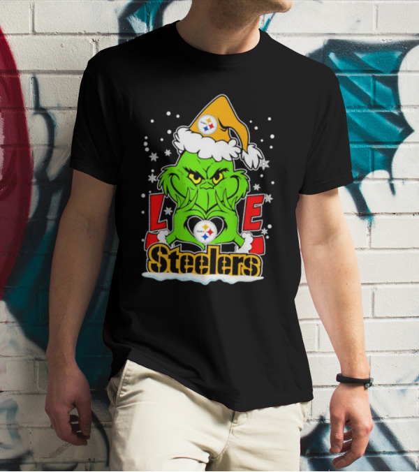 The Grinch Santa Hat Love Pittsburgh Steelers Logo Snowflakes T-Shirt
