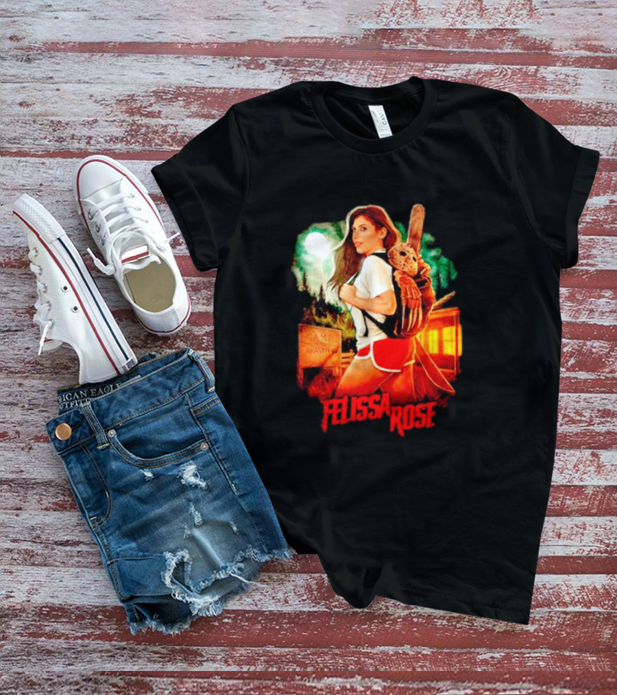 Felissa Rose Happy Camper Camp Arawak Masked Figure Forest Scene T-Shirt