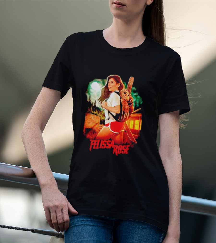 Felissa Rose Happy Camper Camp Arawak Masked Figure Forest Scene T-Shirt