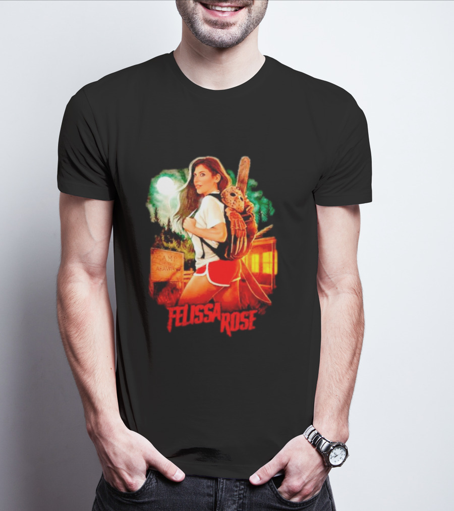 Felissa Rose Happy Camper Camp Arawak Masked Figure Forest Scene T-Shirt