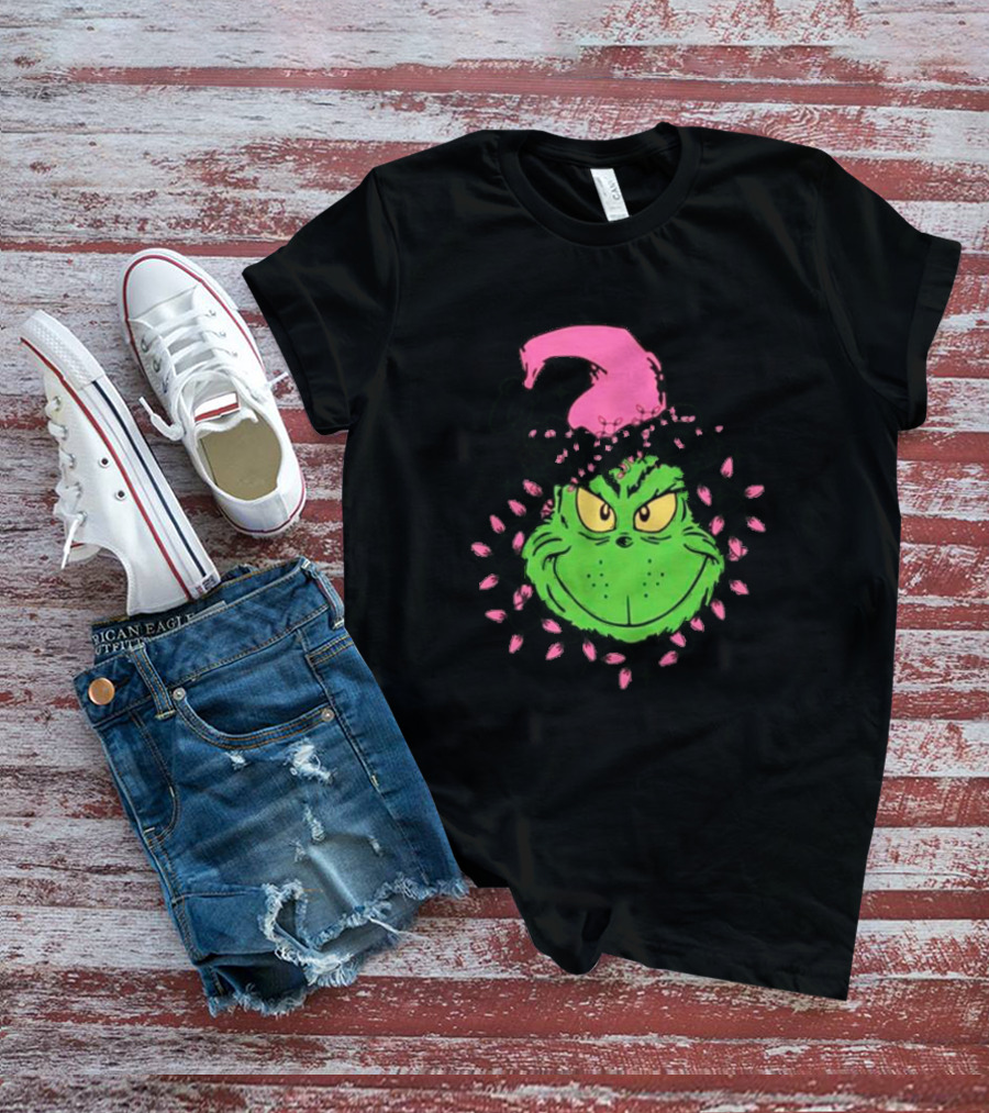 Grinch In Pink Santa Hat With Pink Christmas Lights T-Shirt