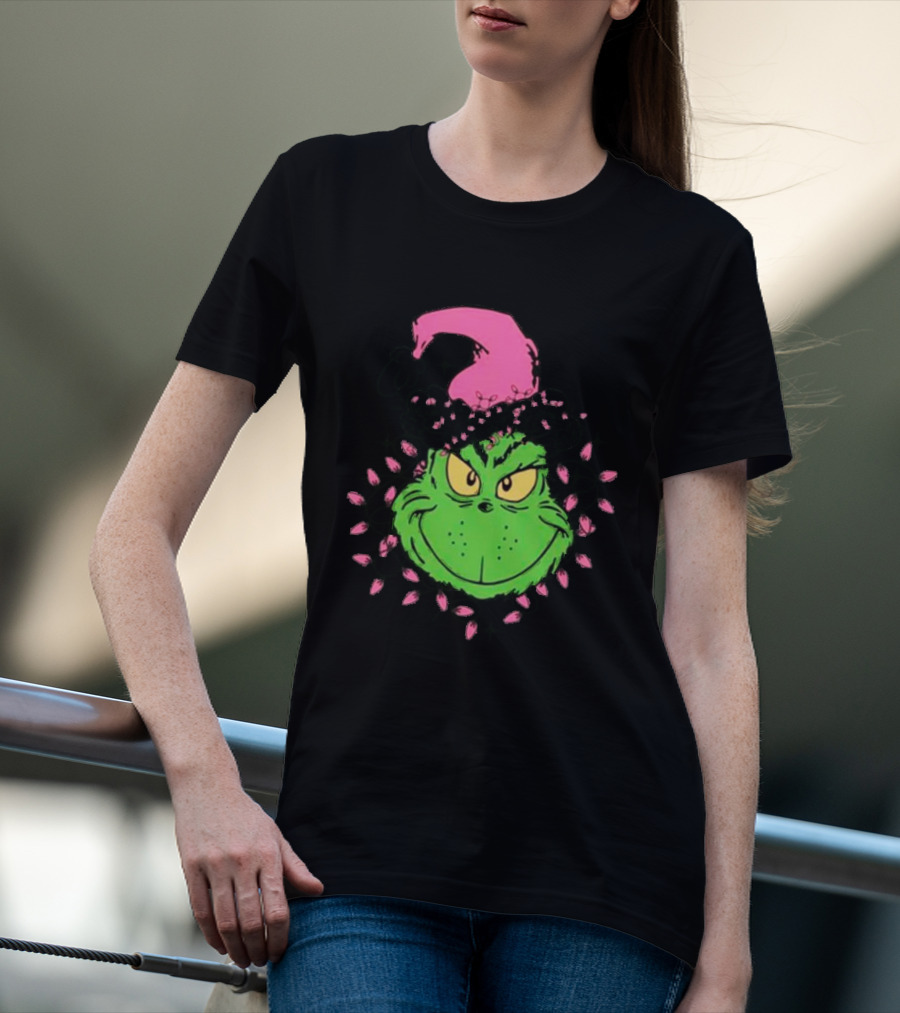 Grinch In Pink Santa Hat With Pink Christmas Lights T-Shirt